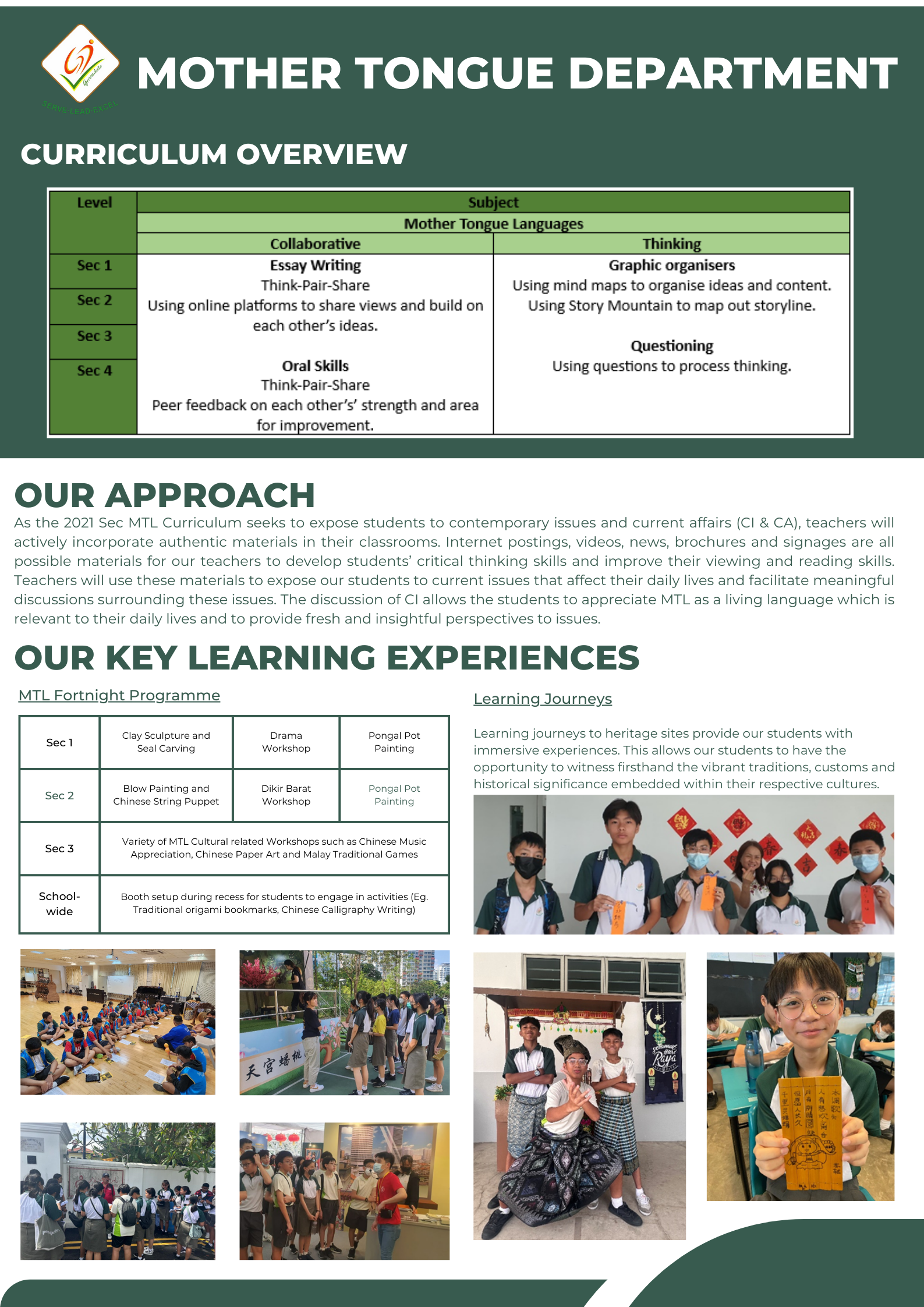 Collage for a Mother Tongue Department showing curriculum overview, teaching approach, and student learning experience photos.